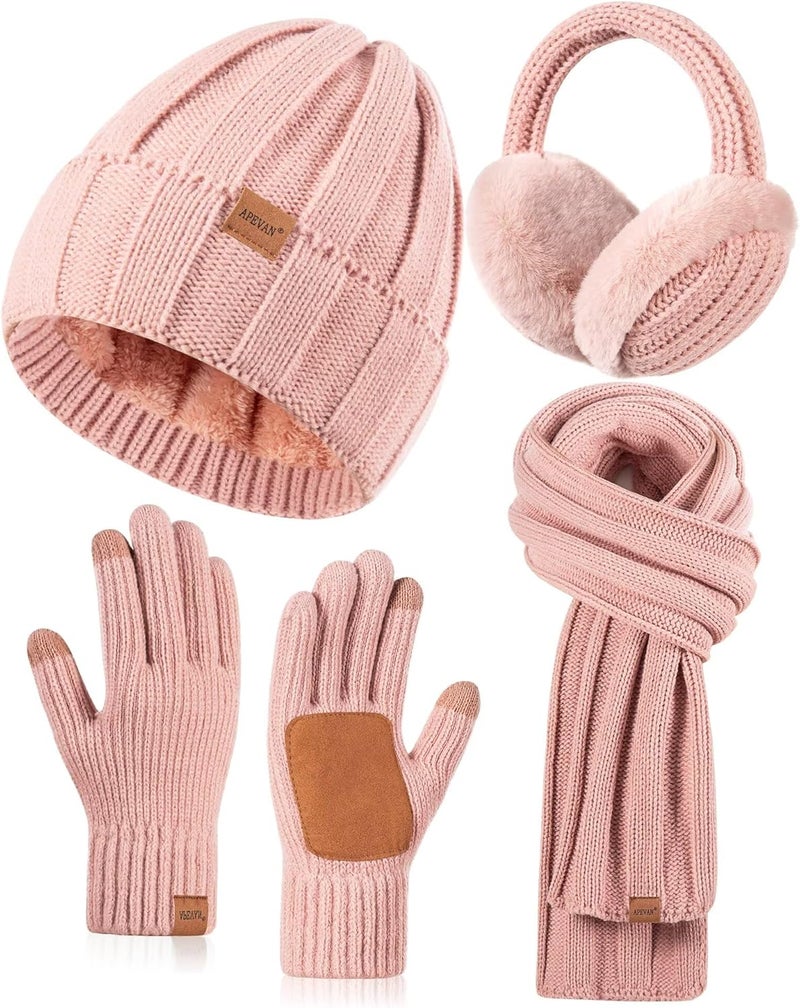 APEVAN Winter Hat Gloves Scarf Earmuffs Set for Women, Fleece Lined Beanie Long Scarf Touchscreen Gloves Ear Warmer, 4 in 1 Gift Set - Image 1